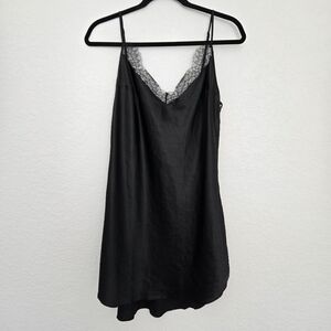 Victorias Secret L Black Satin‎ Slip Dress Lace Trim Adjustable straps
